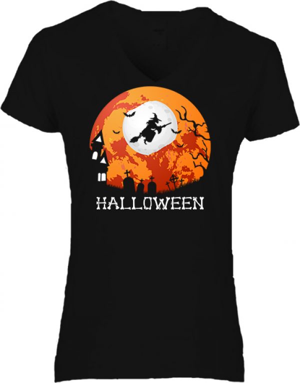 Női V nyakú póló Halloween boszorkány fekete