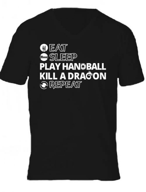 Férfi V nyakú póló eat sleep play handball repeat fekete