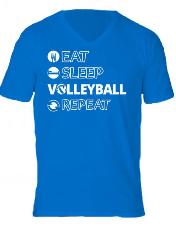 Férfi V nyakú póló eat sleep volleyball repeat királykék