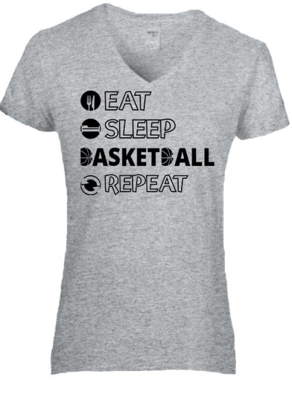 Női V nyakú póló eat sleep kill basketball repeat szürke