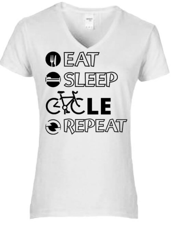 Női V nyakú póló eat sleep cycle repeat fehér