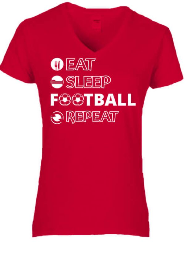 Női V nyakú póló eat sleep football repeat piros