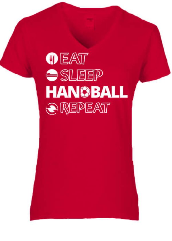 Női V nyakú póló eat sleep handball repeat piros