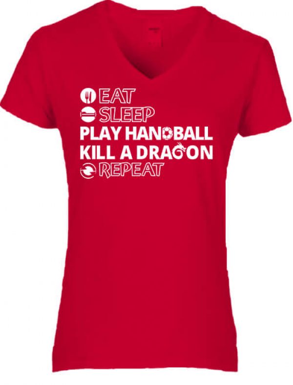 Női V nyakú póló eat sleep play handball repeat piros