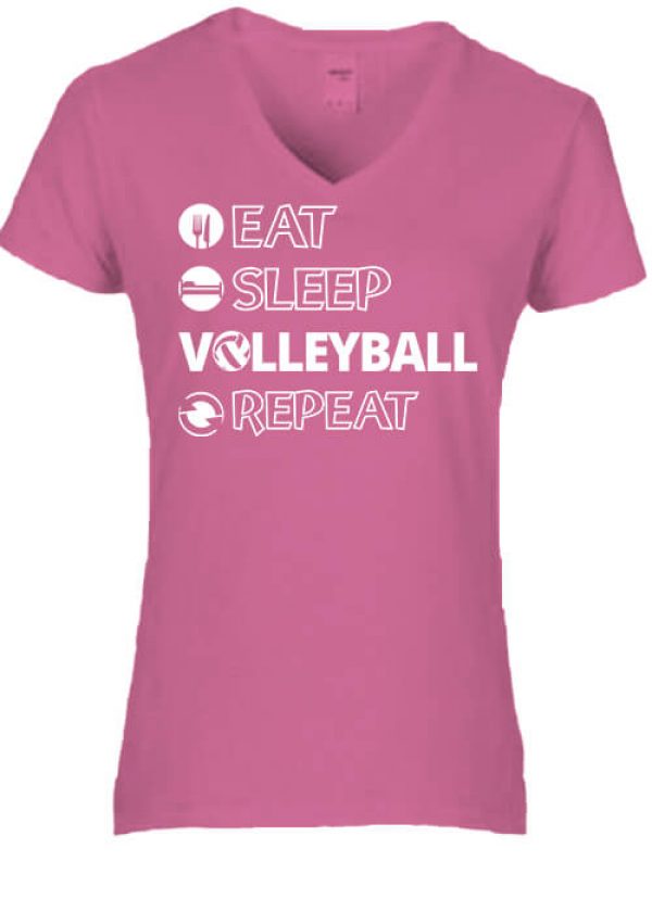 Női V nyakú póló eat sleep volleyball repeat sötétrózsaszín