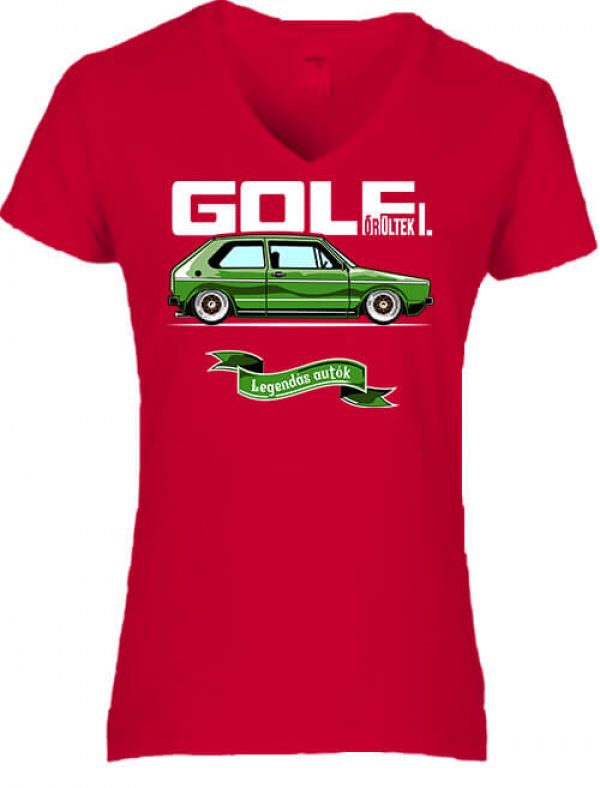 Női V nyakú póló golf őrültek 1 piros