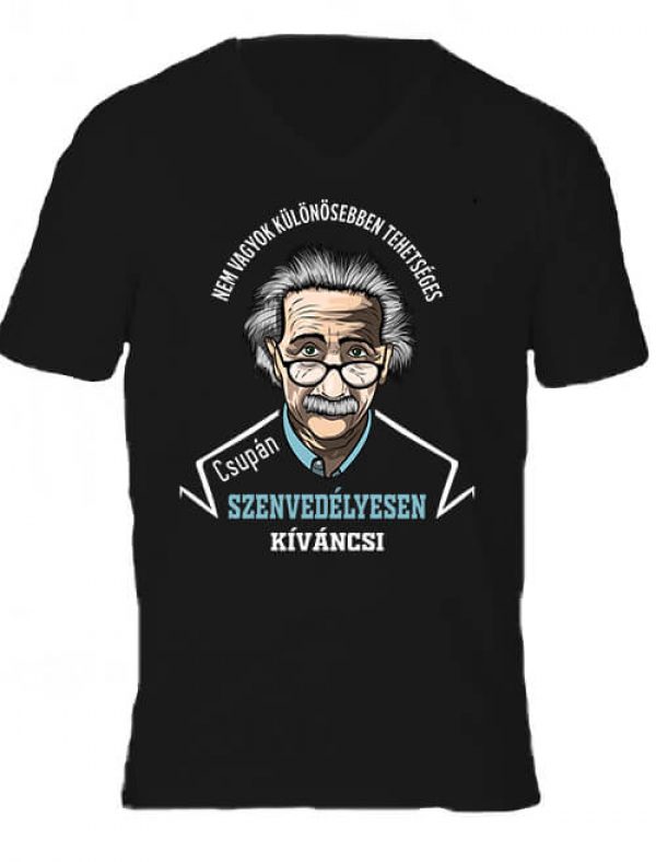 Férfi V nyakú póló Szenvedélyes Einstein fekete