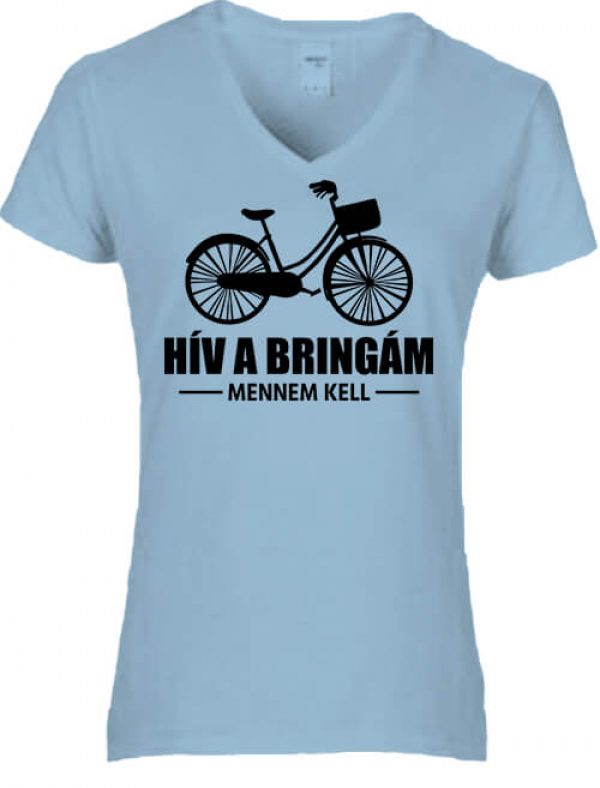 Női V nyakú póló Hív a bringám világoskék
