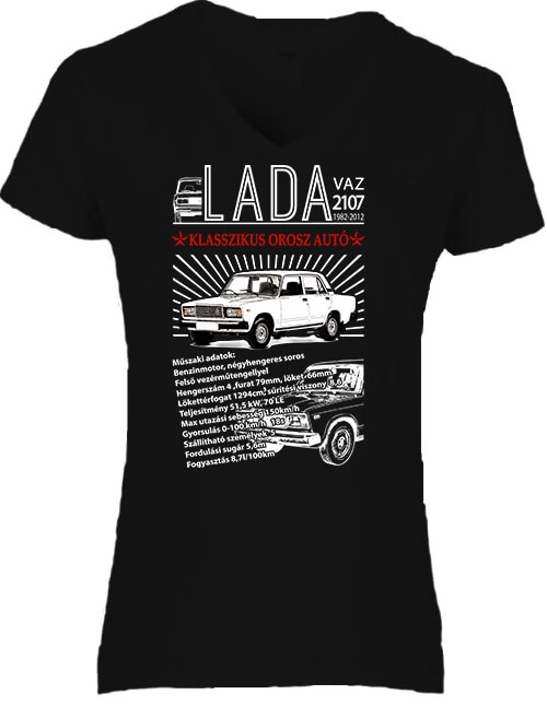 Női V nyakú póló Lada 2107 fekete