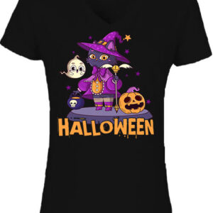 Boszorkány Macska Halloween – Női V nyakú póló