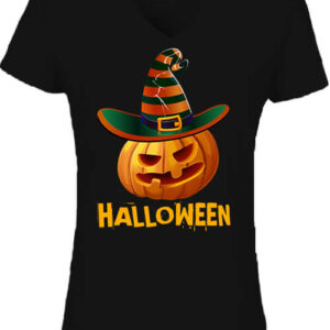 Kalapos Halloween tök – Női V nyakú póló