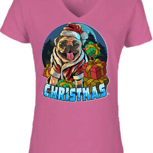 Karácsonyi Mikulás kutya – Női V nyakú póló