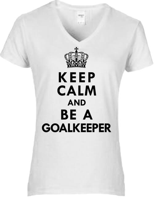 Női V nyakú póló Keep calm Goalkeeper fehér
