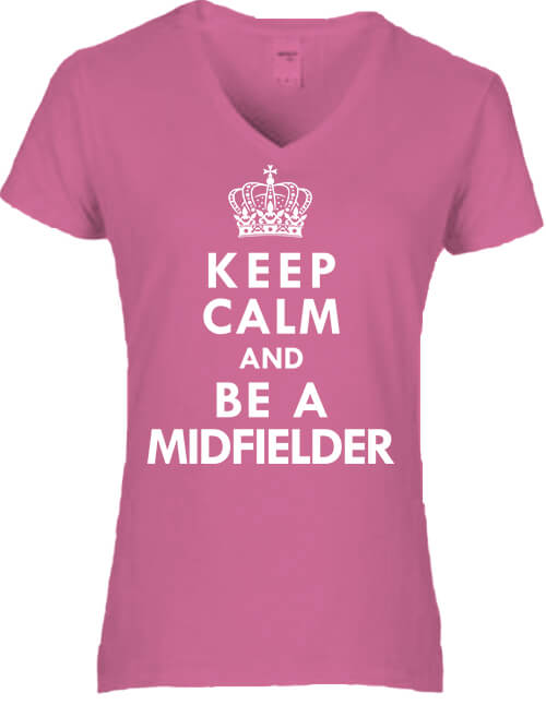 Női V nyakú póló Keep calm midfielder sötétrózsaszín