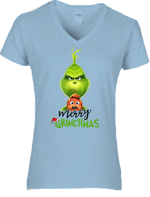 Női V nyakú póló Merry Grinchmas világoskék