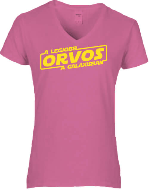 Női V nyakú póló A legjobb orvos a galaxisban sötétrózsaszín