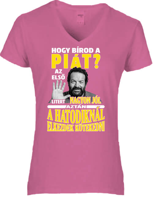 Női V nyakú póló Hogy bírod a piát Bud Spencer sötétrózsaszín