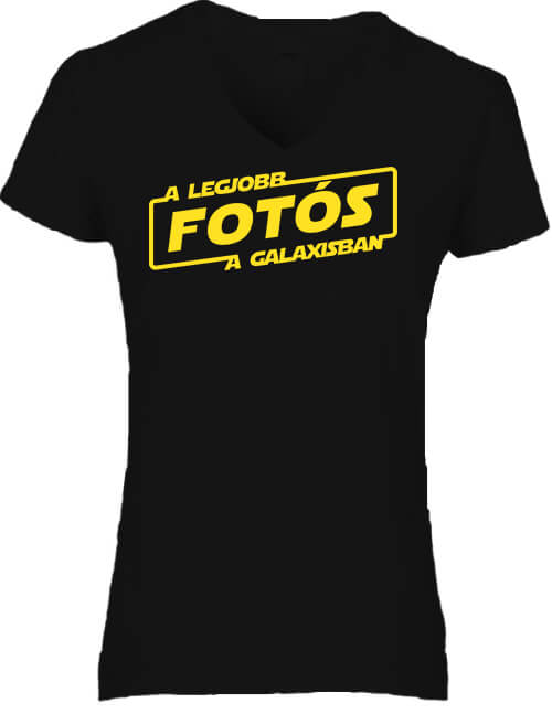Női V nyakú póló A legjobb fotós a galaxisban fekete