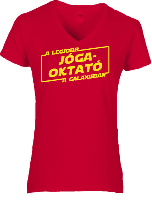 Női V nyakú póló A legjobb jóga oktató a galaxisban piros