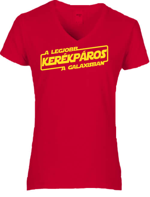 Női V nyakú póló A legjobb kerékpáros a galaxisban piros
