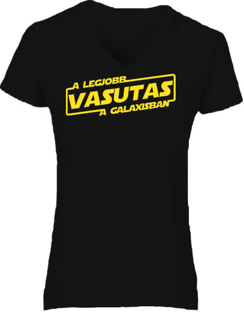 Női V nyakú póló A legjobb vasutas a galaxisban fekete