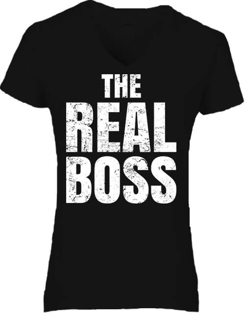 Női V nyakú póló The real boss igazi főnök fekete