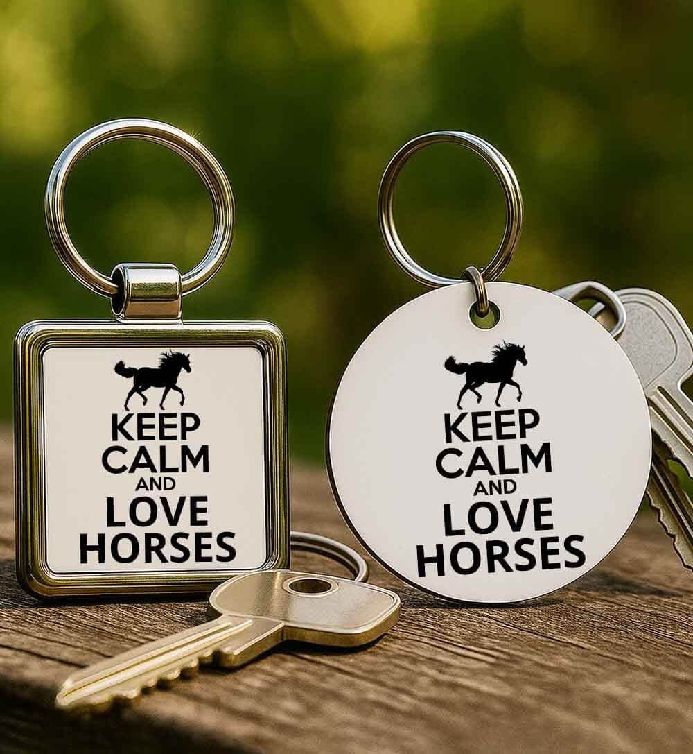 Fém kulcstartó Keep calm and love horses lovas