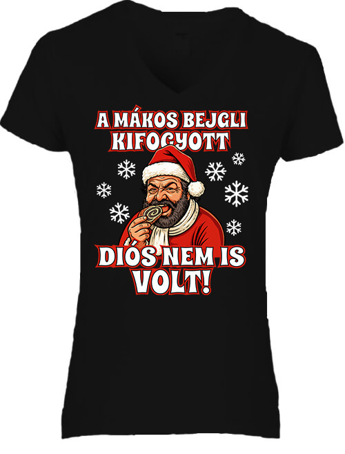 Női V nyakú póló Bud Spencer bejgli Karácsony fekete