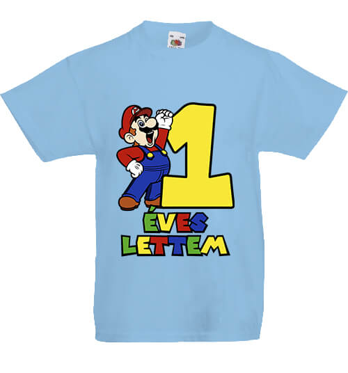 Gyerek póló 1 éves lettem Super Mario égkék