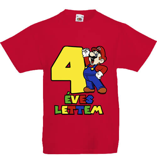 Gyerek póló 4 éves lettem Super Mario piros