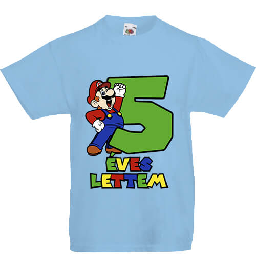 Gyerek póló 5 éves lettem Super Mario égkék