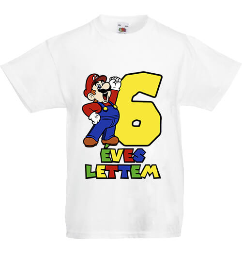Gyerek póló 6 éves lettem Super Mario fehér