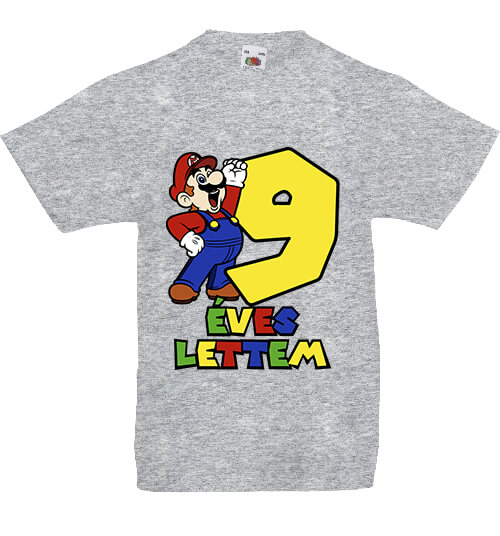 Gyerek póló 9 éves lettem Super Mario szürke