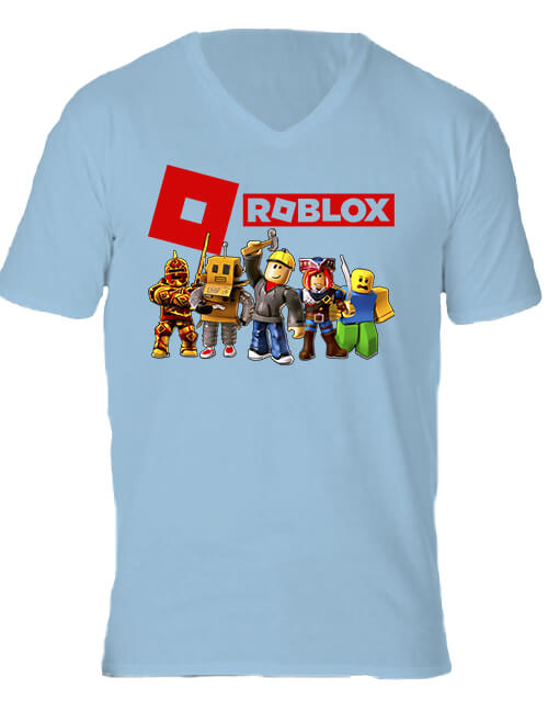 Férfi V nyakú póló Roblox gamer világoskék