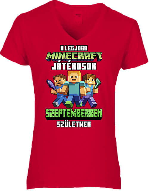 Női V nyakú póló A legjobb Minecraft játékos szeptemberben született piros